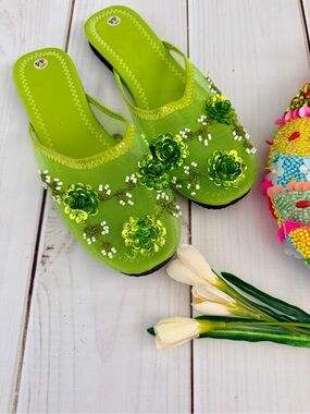 Bold Lime Green Embellished Mesh Womens Sandals